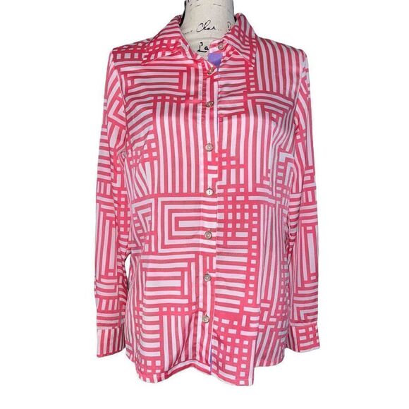 Bob Mackie hot pink & white wearable art button down blouse small - Picture 1 of 9